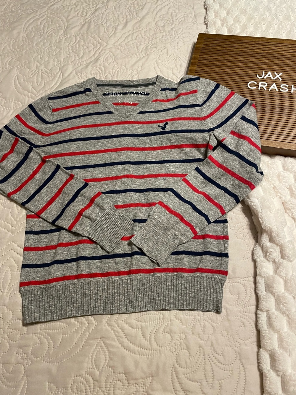 American Eagle Outfitters Men’s Gray Crewneck Sweater with Red & Navy Stripes